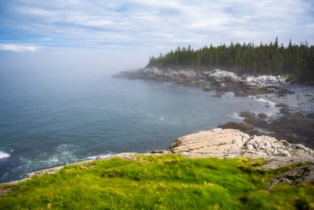 A foggy shoreline on Isle au Haut of Acadia National Park in Maine.