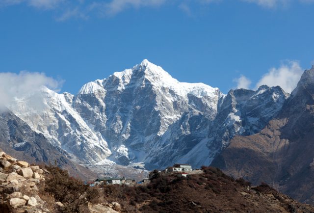 Mount Thamserku and sherpas village on the way to Everest base camp, Khumbu, Sagarmatha National Park, Nepal Himalaya