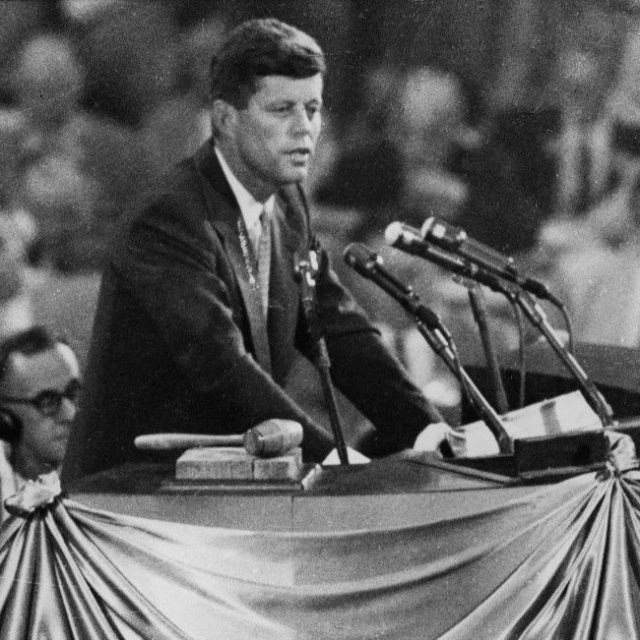 Kennedy endorsing Adlai Stevenson II for the presidential nomination at the 1956 Democratic National Convention in Chicago.