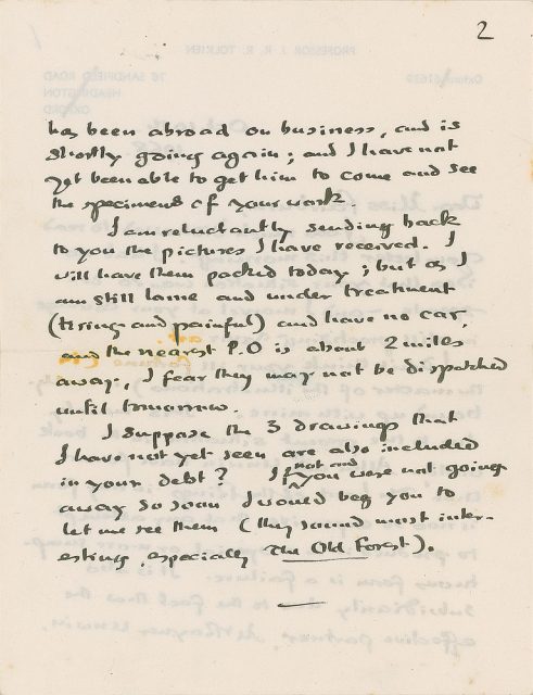 Even though Tolkien explains that a new illustrated version of the Lord of the Rings was not considered viable, he still expresses an interest to see more of Fairburn’s work. He is particularly interested to see her depiction of the Old Forest, Photo credit: RR Auction