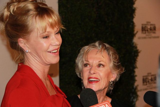 Hedren (right) with daughter Melanie Griffith at the 2014 Bel Air Film Festival at the Saban Theatre in Beverly Hills Real TV Films -CC BY-SA 2.0