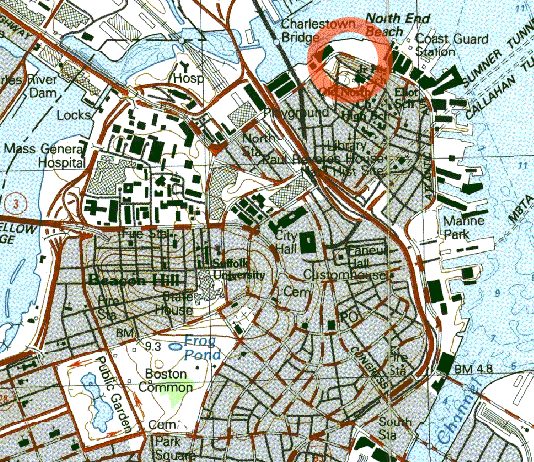 Modern downtown Boston with molasses flood area circled