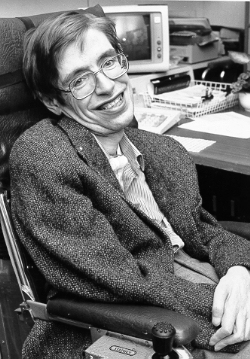 Black-and-white photograph of Stephen Hawking at NASA’s StarChild Learning Center