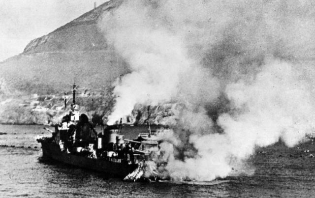 The French destroyer Mogador running aground, after having been hit by a 15-inch shell.