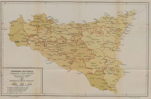 1900 map of Mafia presence in Sicily. Towns with Mafia activity are marked as red dots. Galante formed a partnership with Sicilian Mafia to form a billion-dollar heroin empire.