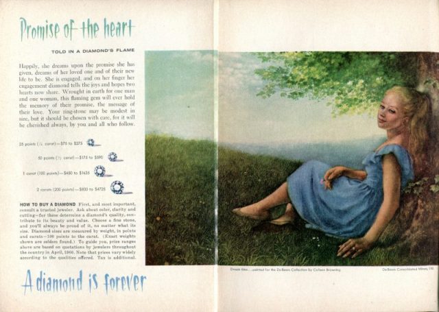 1960 De Beers Diamonds Advertisement, Readers Digest, August 1960. Photo by SenseiAlan/ FLickr CC BY 2.0