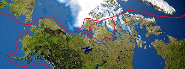 Northwest Passage connects the Atlantic and Pacific Oceans through the Canadian Arctic Archipelago.