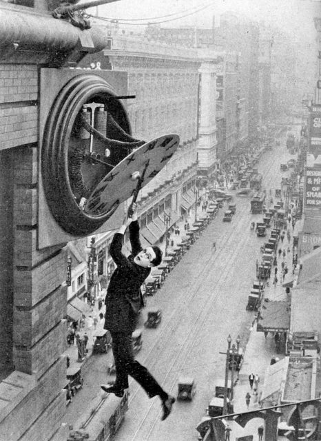 Harold Lloyd in 1923’s Safety Last!, hanging (safely) from the clock tower. Lloyd may have been influenced by the real life stunts of Rodman Law a decade earlier.