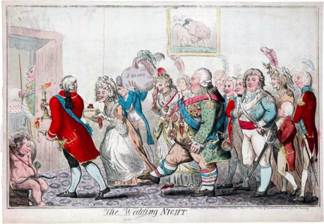 A satirical cartoon by Isaac Cruikshank of Princess Charlotte and Prince Frederick being led to bed by a party including her parents, King George III and Queen Charlotte.