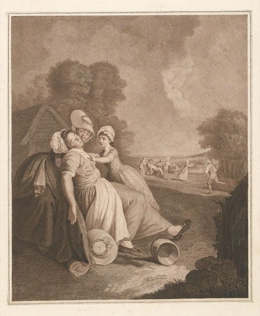 A girl fainting and collapsing into the arms of a woman, in the background is a similar scene of a fainting man. Photo by Wellcome Images CC By 4.0