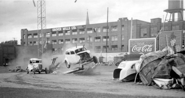 Circus performers doing an automobile stunt in Delorimier Stadium, Montreal, in 1946.