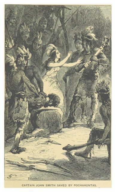 Illustration depicting Captain Smith being saved by Pochahontas.