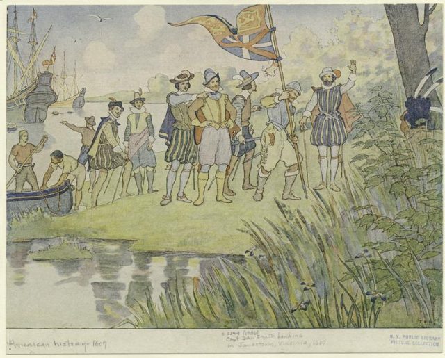 Print of Captain John Smith landing in Jamestown, Virginia, 1607. From ‘The Story of Pocahontas and Captain John.’ Courtesy of the New York Public Library.