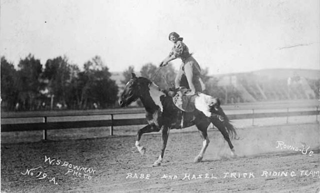 Cowgirls Hazel Walker and Babe Lee doing their thing at the Round-Up, Pendleton, Oregon. The year is 1914.