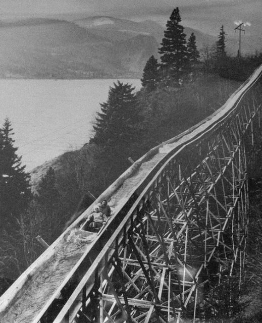 Riding the Broughton lumber flume boat. The Broughton lumber flume dominated the hillside between the towns of Willard and Hood in the State of Washington for over seventy years.