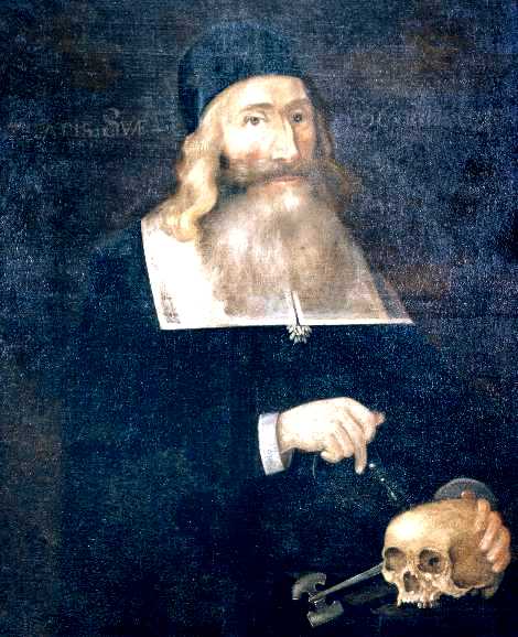Dr. John Clarke trepanning a skull, c.1664, in one of the earliest American portraits. Clarke is alleged to have been the first physician to have performed the operation in the New England Colonies.