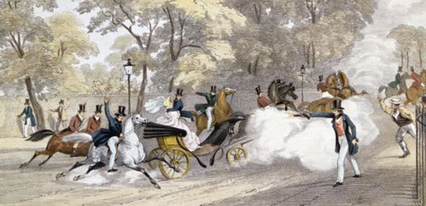 Lithograph by J. R. Jobbins of Edward Oxford attempting to shoot Queen Victoria.