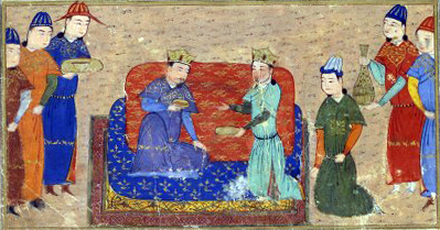 Genghis Khan and Toghrul Khan, illustration from a 15th century copy of the Jāmiʿ al-tawārīkh manuscript