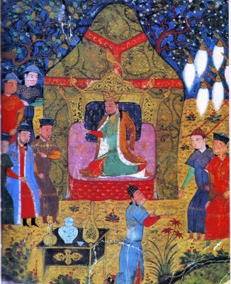 Genghis Khan proclaimed Khagan of all Mongols. Illustration from a 15th century copy of the Jāmiʿ al-tawārīkh