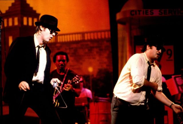 Dan Aykroyd and John Belushi as the Blues Brothers on 6/27/80 in Chicago, Ill. (Photo by Paul Natkin/WireImage)