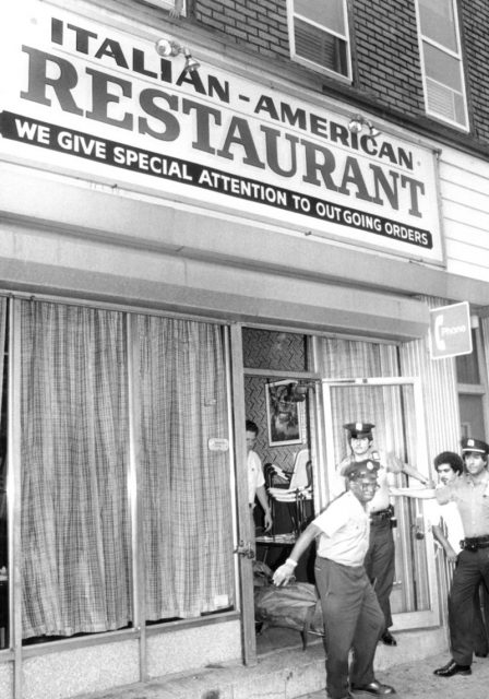 Morgue attendants carry the body of Carmine Galante from Joe & Mary’s Restaurant on Knickerbocker Ave. in Brooklyn. (Photo by Charles Ruppmann/NY Daily News Archive via Getty Images)