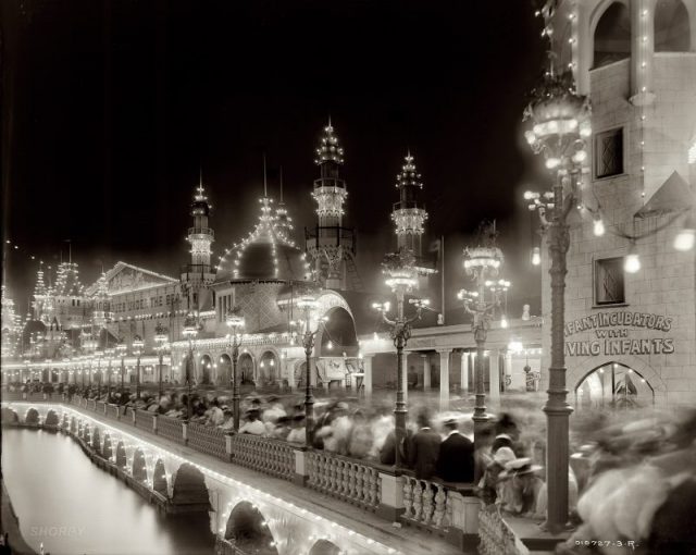 Coney Island, c.1903. To the right, you can see the infant incubators, while to the left is Under the Sea. Photo, courtesy Dawn Raffel.