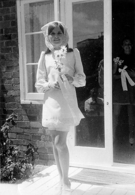In the late 1960s, brides often wore white mini-wedding dresses. Author Jemsweb CC BY-SA 2.0