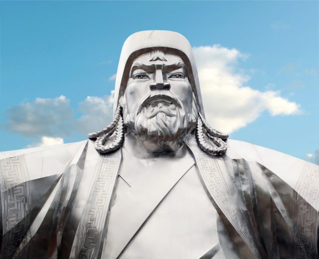 Steel statue of Mongolian emperor Genghis Khan.