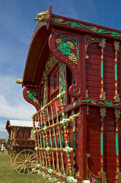 Traditional hand-carved Romani Reading wagons.