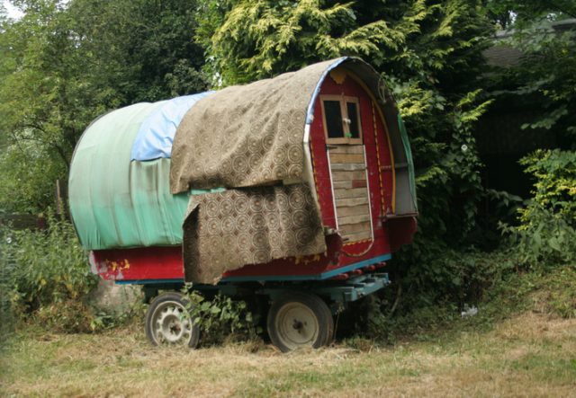 Patched-up wagon which was a home to Roma people and used to be pulled by horses to travel around the countryside but sadly it is not in use anymore.