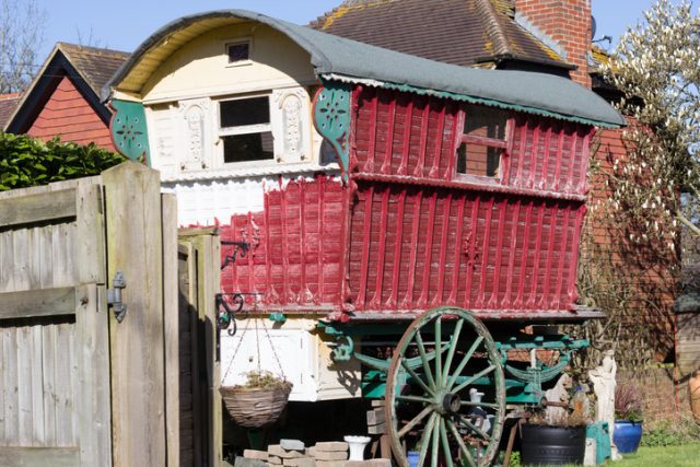 A Roma caravan in Sevenoaks Weald in Kent, England.