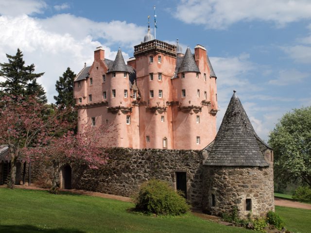 The fairytale-like seven-story Craigievar Castle in Aberdeenshire, Scotland.