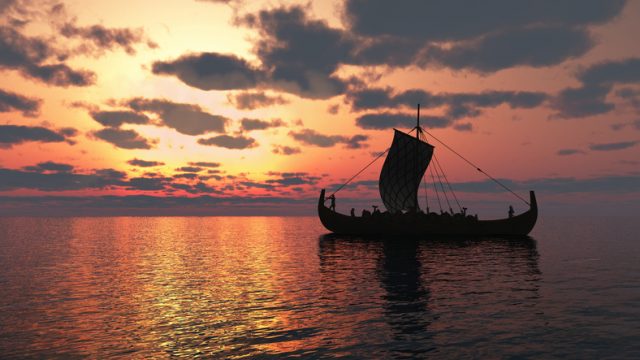 Viking longship sailing on a calm sea at sunset, 3D digitally rendered illustration.