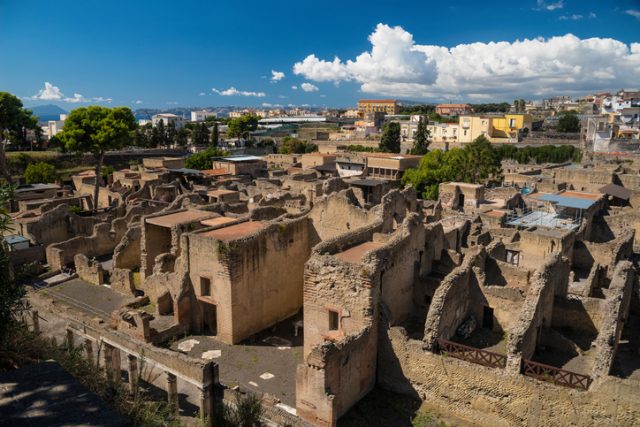 A view of Herculaneum from atop the sixty feet of ash that covered the town in 79 A.D. as a result of the eruption of Mount Vesuvius.