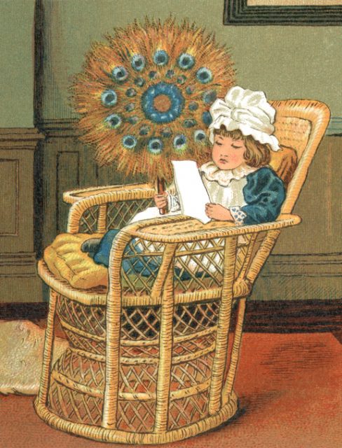 A small Victorian girl relaxing in a cane chair, reading a letter and fanning herself with a large peacock feather fan. She appears to be tilting dangerously so could be in a for a nasty shock very soon. From “At Home,” illustrated by J.G. Sowerby and decorated by Thomas Crane. Printed and published by Marcus Ward & Co. in 1881.