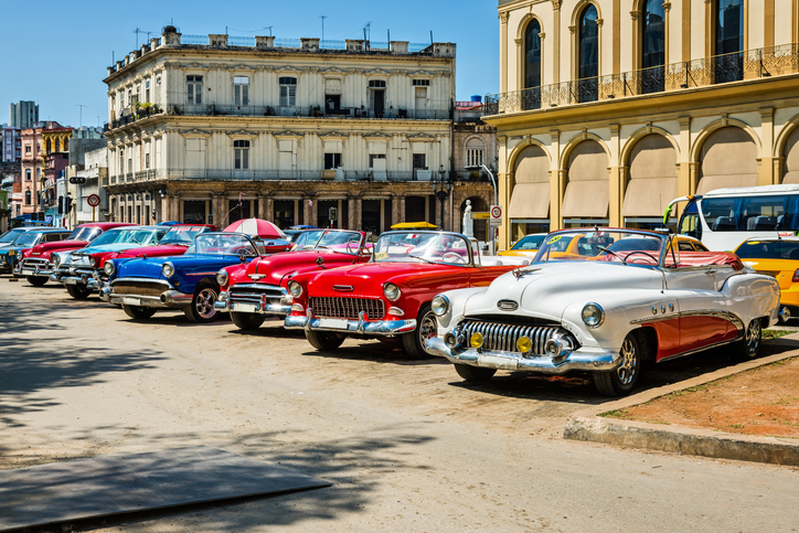 Beautiful line-up near Parque Central (Central Park), Havana, Cuba. The owners take great pride in their vehicles.