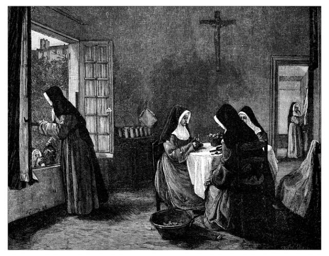 Antique illustration of nuns at work in a convent.