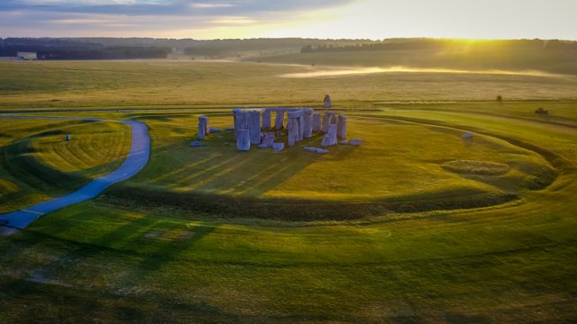 Long shadows from the early morning sun at Stonehenge