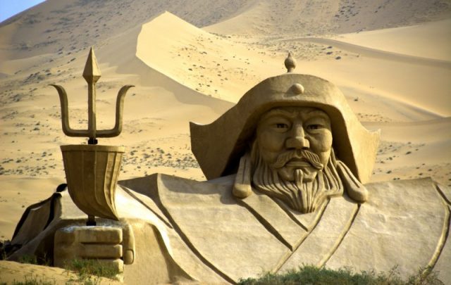 Statue at the Mausoleum of Genghis Khan, Xinjie Town, Inner Mongolia: a memorial built in 1954 to commemorate the ancient ruler