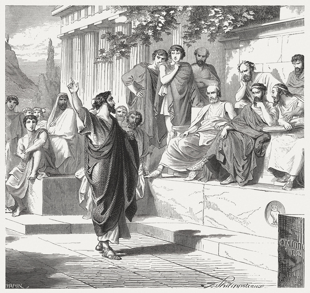 Paul preaches in Athens (Acts 17). Wood engraving, published in 1886.