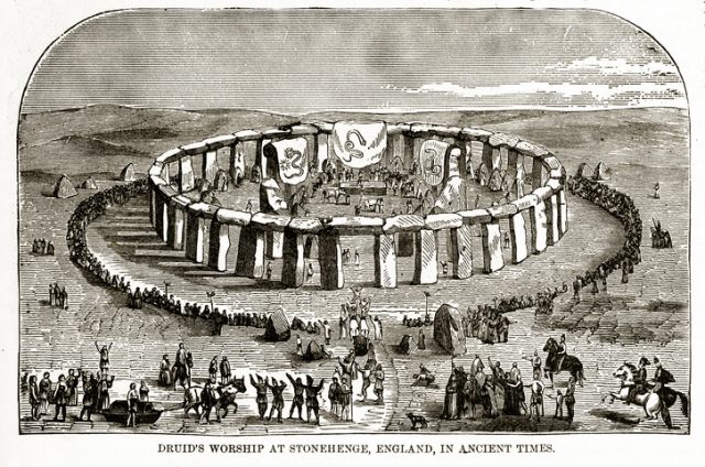 Rare and beautifully executed engraved illustration: Druids Worship at Stonehenge, England, in Ancient Times. Engraving from The Popular Pictorial Bible.