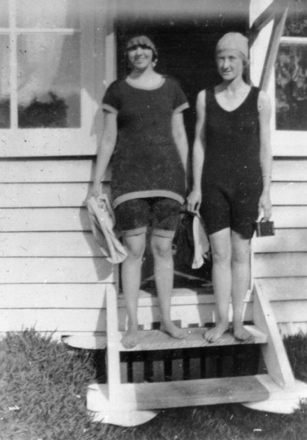 Katherine Edith Green and Dorothy Spark at ‘Everton’ Caloundra wearing their swimming costumes. Probably 1910.
