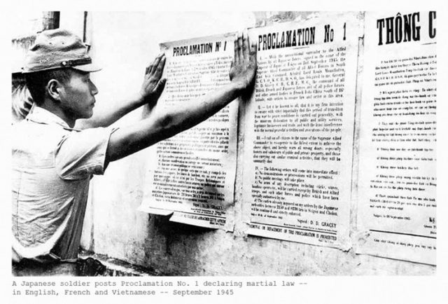 Japanese soldiers posted Notice No. 1 on the maintenance of law and order in Indochina in September 1945.