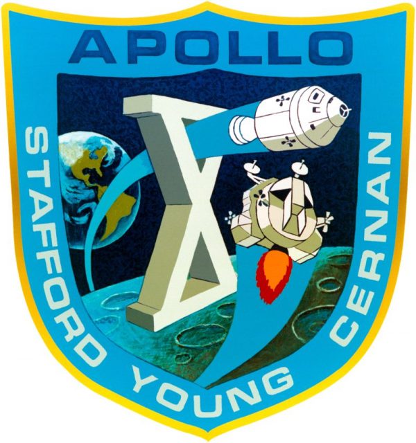 Emblem of the Apollo 10 lunar orbit mission. The prime crew of Apollo 10 were astronauts Thomas P. Stafford, commander; John W. Young, command module pilot; and Eugene A. Cernan, lunar module pilot.