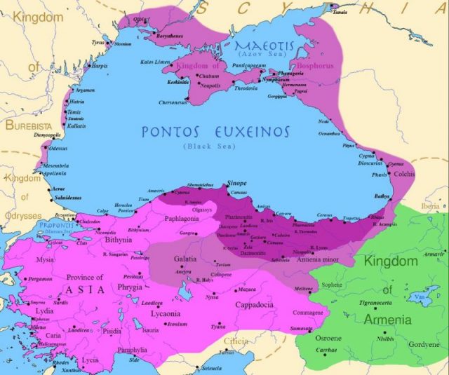 Map of the Kingdom of Pontus: Before the reign of Mithridates VI (dark purple), after his conquests (purple), his conquests in the first Mithridatic wars (pink) and Pontus’ ally the Kingdom of Armenia (green).