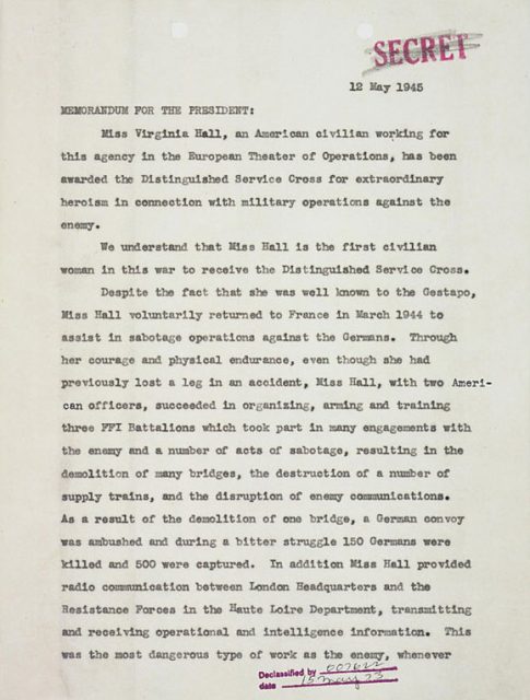 Memorandum for the President from William J. Donovan Regarding Distinguished Service Cross (DSC) Award to Virginia Hall, 05-12-1945.