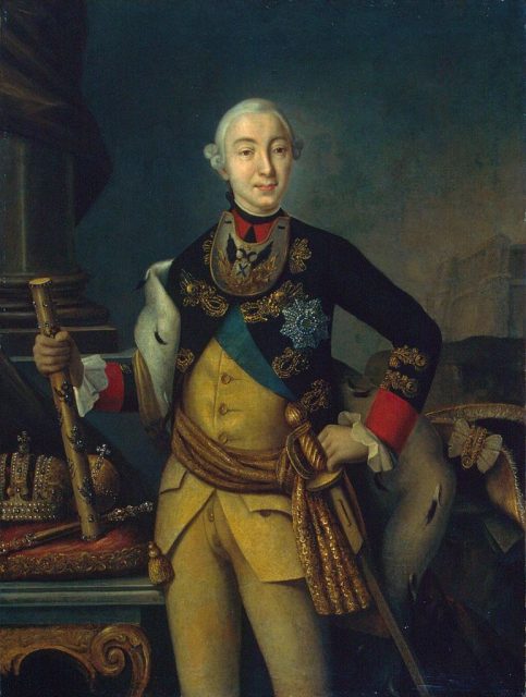 A portrait of Peter III of Russia as an Emperor. He succeeded his aunt Elizabeth, the Empress of Russia.
