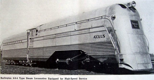 Aeolus was a Burlington streamlined locomotive. Steam-driven, it was purposed as a back up for the diesel locomotives of the Denver and Twin Cities Zephyr trains.