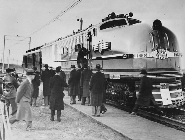 Photograph of one of the two steam turbine locomotives built by General Electric for the Union Pacific Railroad.