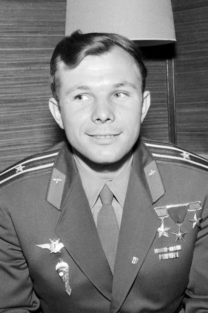 Photograph of the Soviet cosmonaut Yuri Gagarin at a press conference during his visit to Finland.